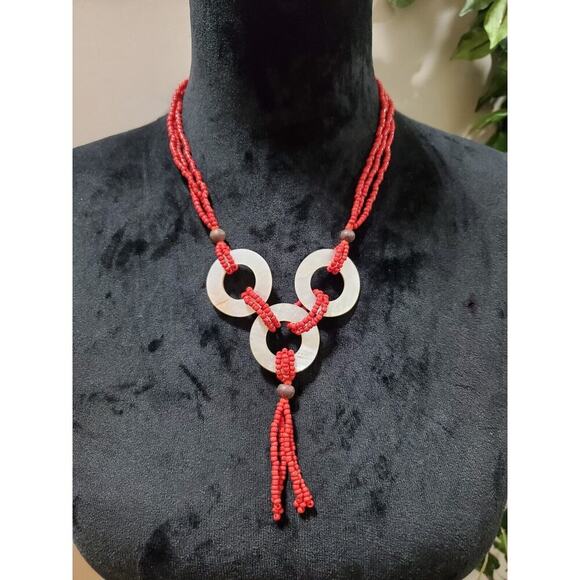 Women's Mother of Pearl Red Triple Layered Seed Beaded Stylish Wear Necklace - Picture 1 of 7